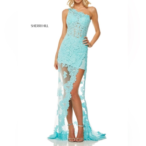 Gorgeous Sherri Hill Sheer Red Lace One-Shoulder Slit Prom Dress / Formal Dress - Picture 2 of 4